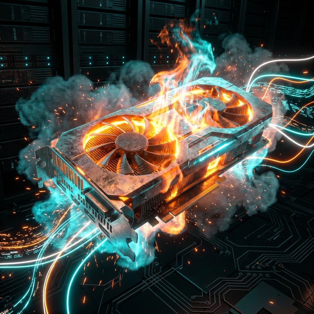 GPU Stress Test In Action - Geometric Patterns GPU graphics card under intense stress test with glowing effects